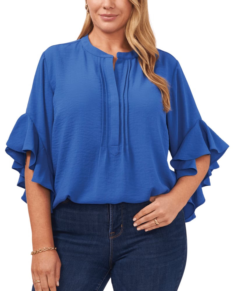 Front of a model wearing a size 1X Aubrey Ruffle Sleeve Blouse in DEEP AZURE by Vince Camuto. | dia_product_style_image_id:260828